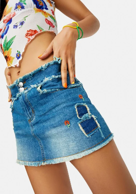 Comfortable Lounge Clothing Freak Flag Fly Embroidered Denim Mini Skirt