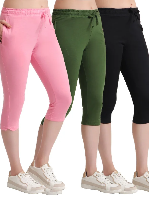 Women's Travel Apparel T.T. Women Regular Fit Poly Jersey Solid Capri Pack Of 3-Black-Olive-Pink