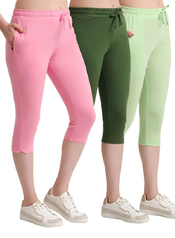 Women's Casual Apparel T.T. Women Regular Fit Poly Jersey Solid Capri Pack Of 3-Green-Olive-Pink