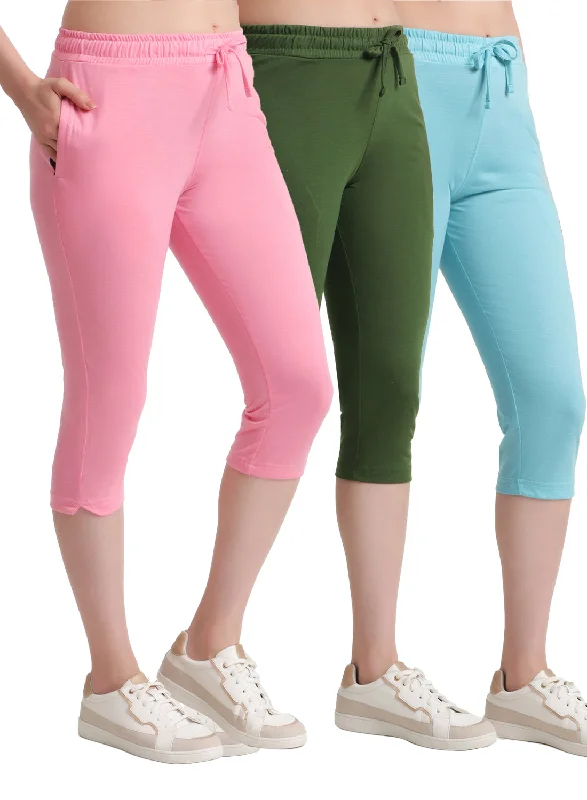 Affordable Luxury Women's Garments T.T. Women Regular Fit Poly Jersey Solid Capri Pack Of 3-Olive-Pink-Turquoise