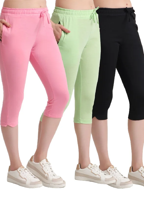 Classic Women's Apparel T.T. Women Regular Fit Poly Jersey Solid Capri Pack Of 3-Black-Green-Pink