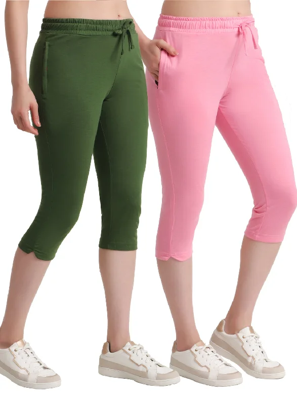 Women's Versatile Apparel T.T. Women Regular Fit Poly Jersey Solid Capri Pack Of 2-Olive-Pink