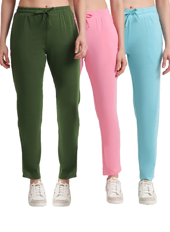 Affordable Women's Garments T.T. Women Regular Fit Poly Jersey Solid Trackpant Pack Of 3-Olive-Pink-Turquoise