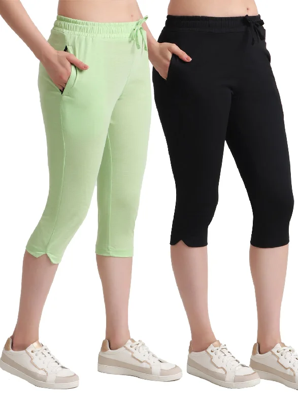 Modern Women's Clothes T.T. Women Regular Fit Poly Jersey Solid Capri Pack Of 2-Black-Green