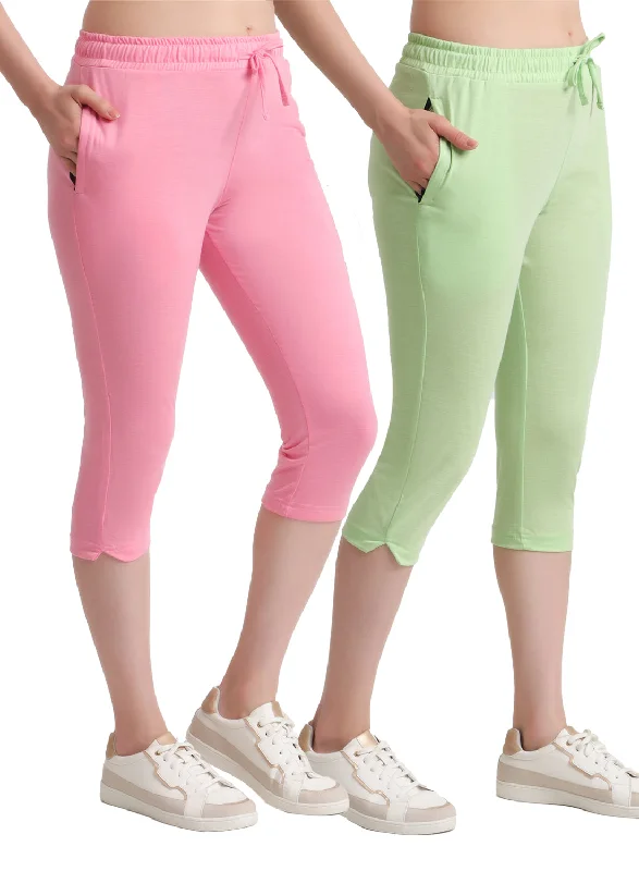 Women's Trendy Clothes T.T. Women Regular Fit Poly Jersey Solid Capri Pack Of 2-Green-Pink