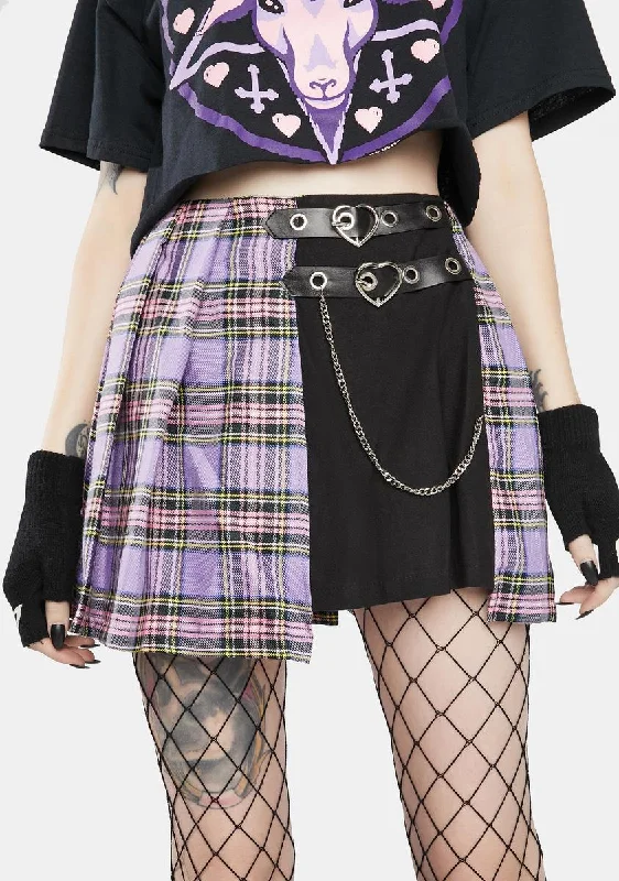 Women's Party Clothes Purple Checkered Splice Pleated Skirt