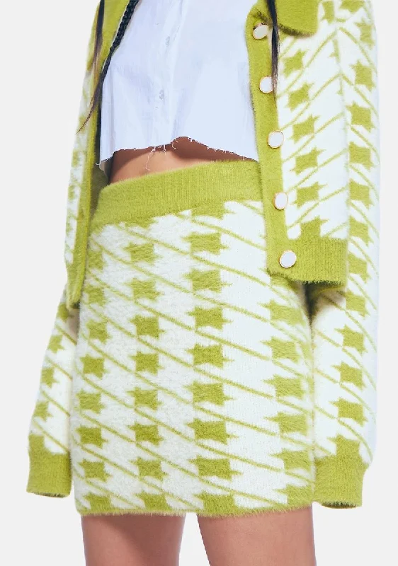 Women's Luxury Apparel Chartreuse Houndstooth Fuzzy Mini Skirt