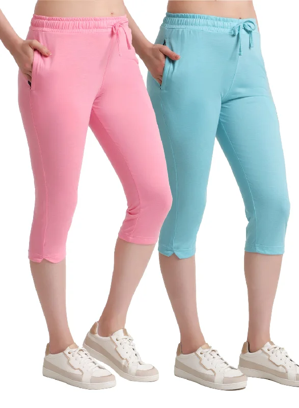 Women's Contemporary Apparel T.T. Women Regular Fit Poly Jersey Solid Capri Pack Of 2-Turquoise-Pink