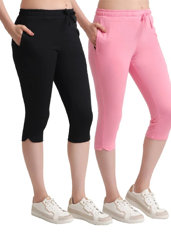 Women's Casual Wear Clothes T.T. Women Regular Fit Poly Jersey Solid Capri Pack Of 2-Black-Pink