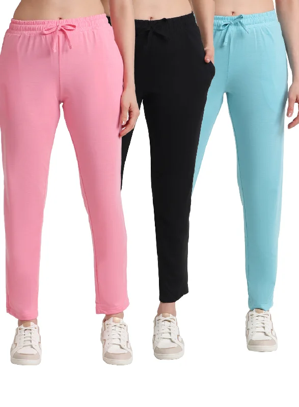 Women's Evening Wear Attire T.T. Women Regular Fit Poly Jersey Solid Trackpant Pack Of 3-Black-Pink-Turquoise