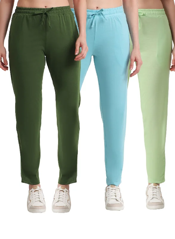 Women's Stylish Vacation Attire T.T. Women Regular Fit Poly Jersey Solid Trackpant Pack Of 3-Green-Olive-Turquoise