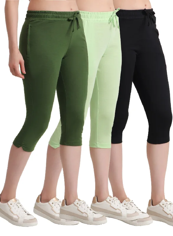 Women's Fashion-Forward Apparel T.T. Women Regular Fit Poly Jersey Solid Capri Pack Of 3-Black-Green-Olive