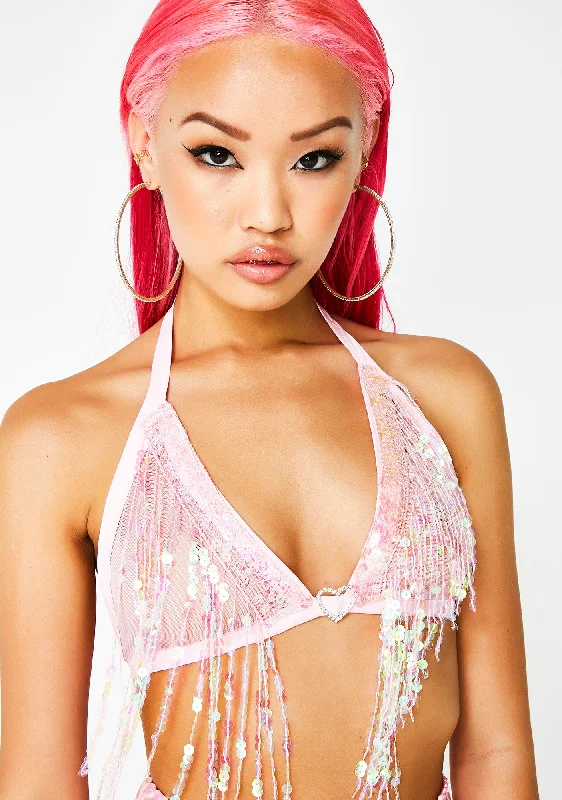 Women's Activewear Garments Pink Sheer Sequin Bralet