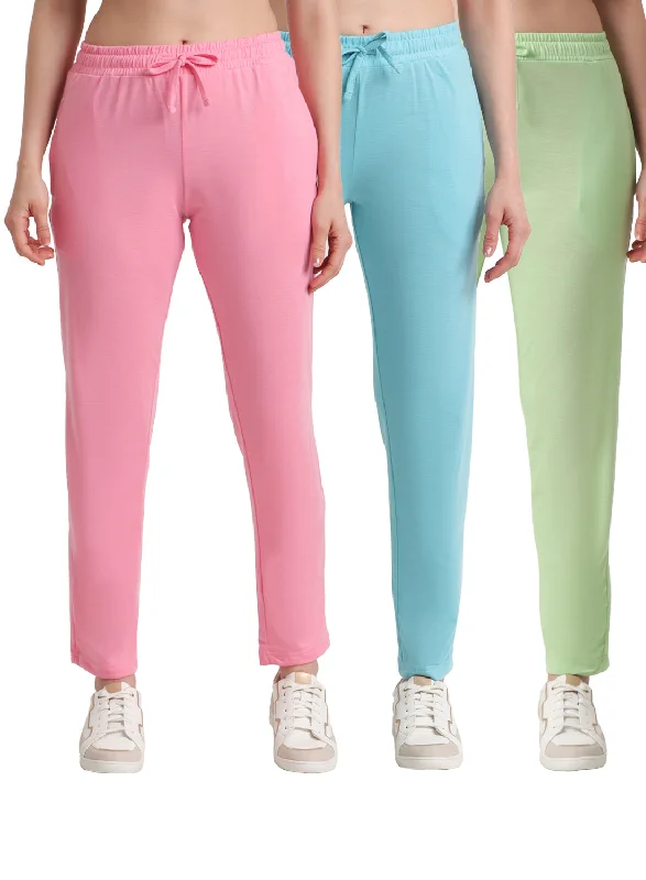 Comfortable Garments For Women T.T. Women Regular Fit Poly Jersey Solid Trackpant Pack Of 3-Green-Pink-Turquoise