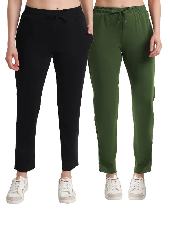 Sustainable Fashion Clothing For Women T.T. Women Regular Fit Poly Jersey Solid Trackpant Pack Of 2-Black-Olive