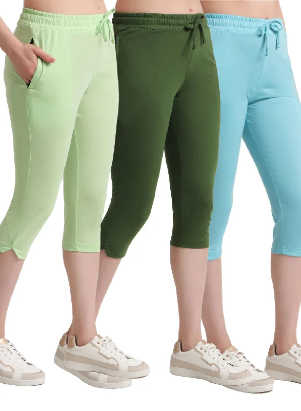 Women's Outerwear Apparel T.T. Women Regular Fit Poly Jersey Solid Capri Pack Of 3-Green-Olive-Turquoise