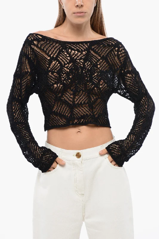 Modern Women's Apparel Balmain Crochet Cropped Top With Off Soulders