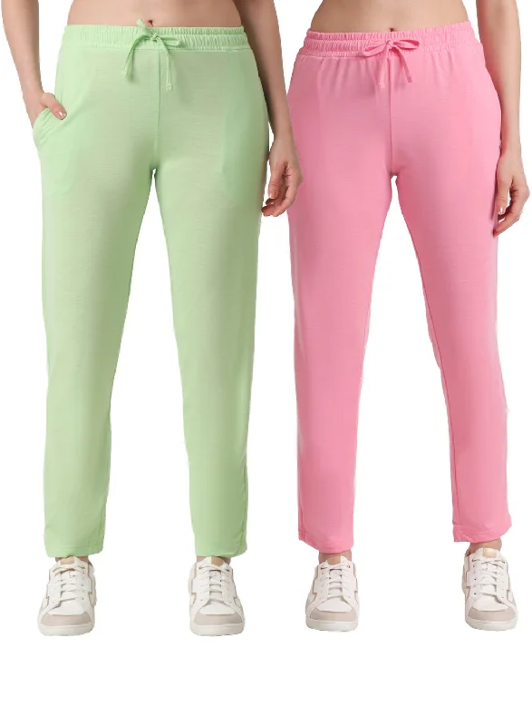 Women's Plus-Size Outfit T.T. Women Regular Fit Poly Jersey Solid Trackpant Pack Of 2-Green-Pink