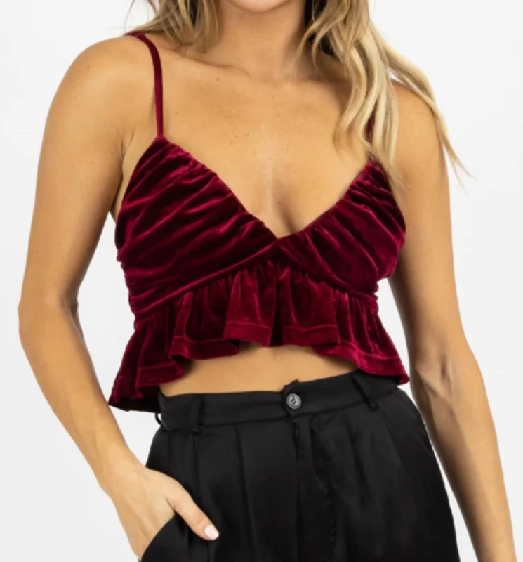 Women's Transitional Apparel Wine Ruffled Cropped Top In Velvet