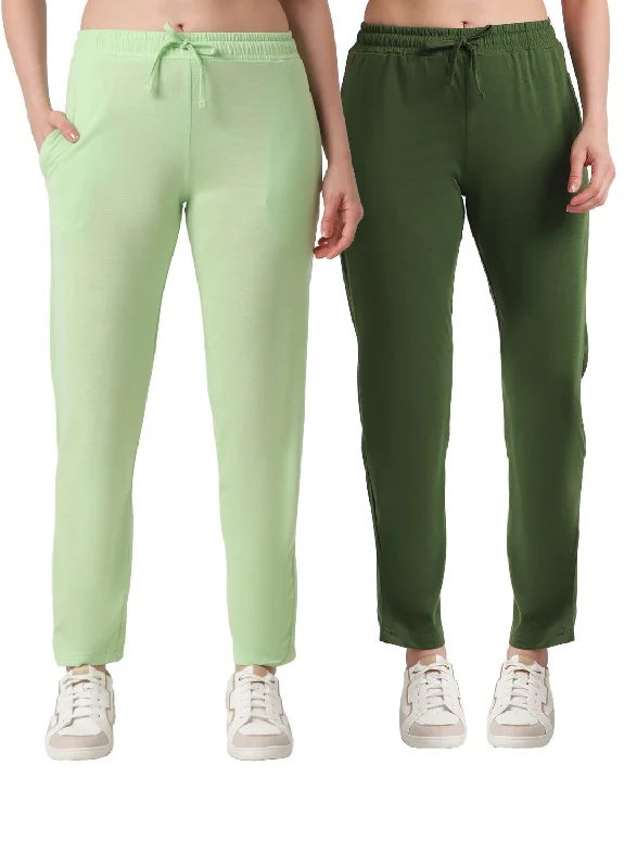 Women's Elegant Outfit T.T. Women Regular Fit Poly Jersey Solid Trackpant Pack Of 2-Olive-Green