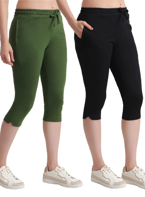 Women's Clothing For Outdoor Activities T.T. Women Regular Fit Poly Jersey Solid Capri Pack Of 2-Black-Olive