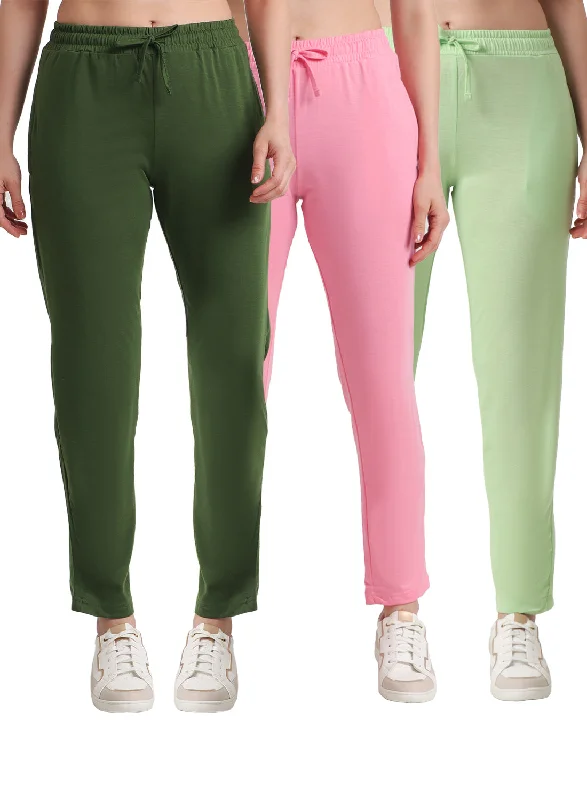 Women's Comfy Attire For Lounging T.T. Women Regular Fit Poly Jersey Solid Trackpant Pack Of 3-Green-Olive-Pink