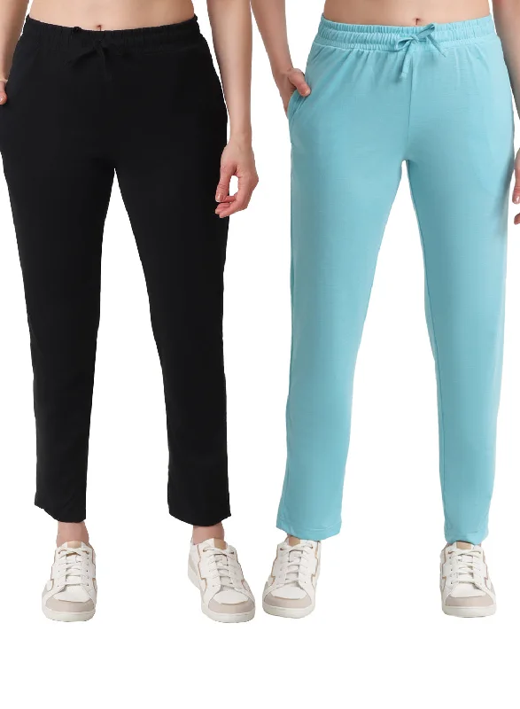 Affordable Women's Outfit T.T. Women Regular Fit Poly Jersey Solid Trackpant Pack Of 2-Black-Turquoise