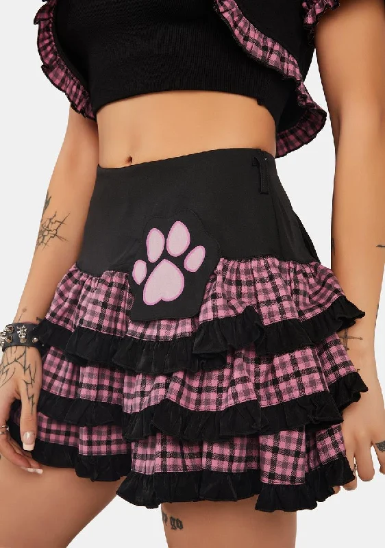 Women's Workout Garments Magic Cat Plaid Layered Frilly Mini Skirt