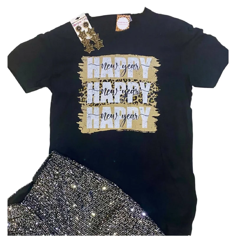 Chic Women's Outfit Women's Leopard Print Happy New Year Tee In Black