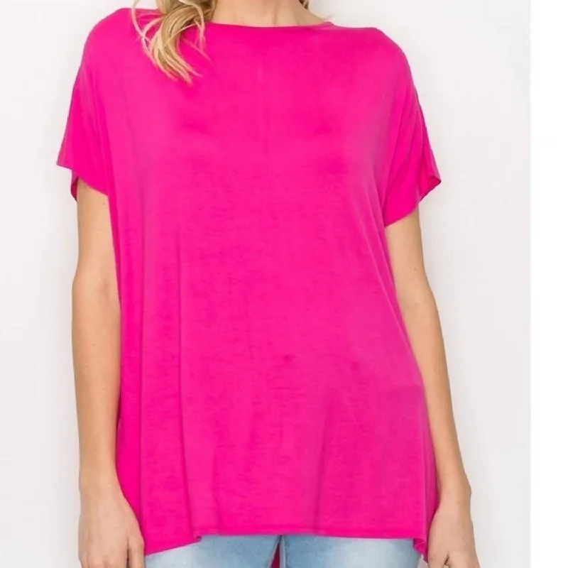 Women's Plus-Size Garments Boat Neck Short Sleeve Tee Top In Hot Pink