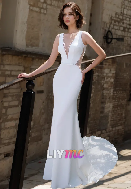 Women's Clothing For Holiday Travel V-Neck Sleeveless Sleek Satin Mermaid Beach Wedding Dress