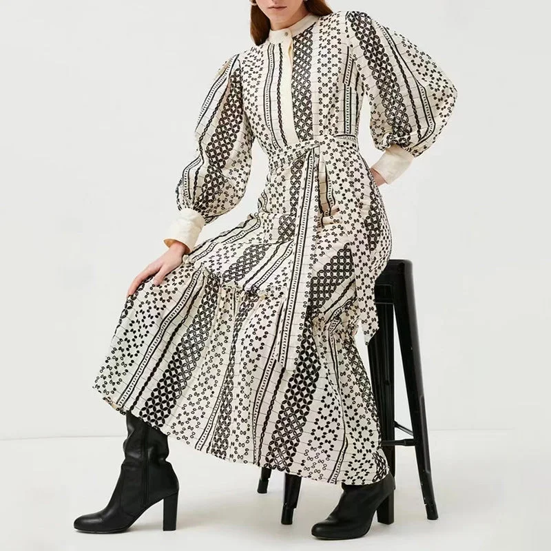 Women's Work Outfit Vestidos Casuales Printed Embroidered Dress 2022 Autumn Stand Collar Long-sleeved Color Matching Tie Ruffle Women's Dress