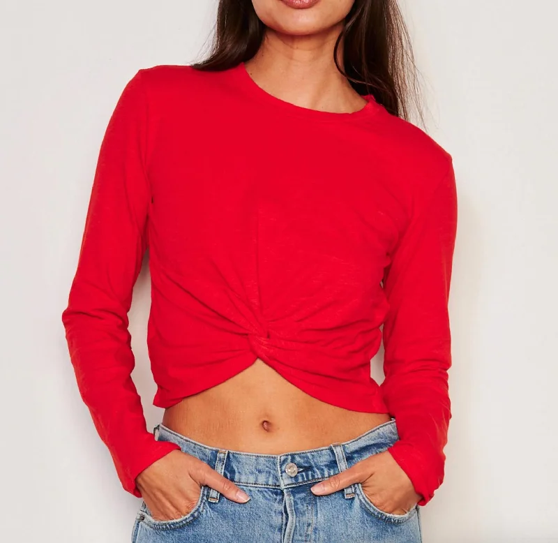 Women's Stylish Professional Garments Long Sleeve Twist Tee In Flare Red