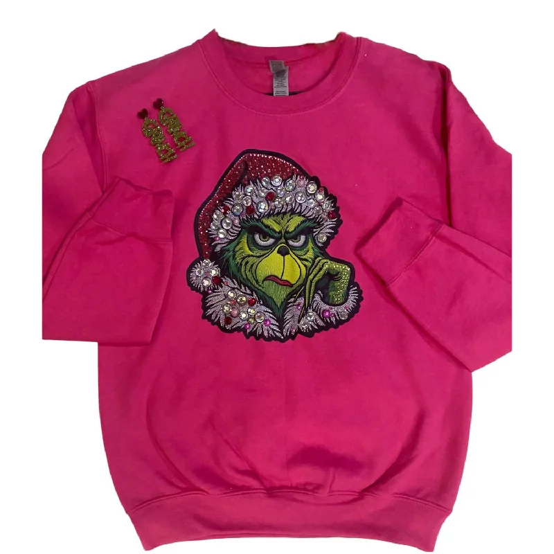 Women's Clothes And Apparel Sets Women's Blinged Out Grinch Holiday Sweatshirt In Pink