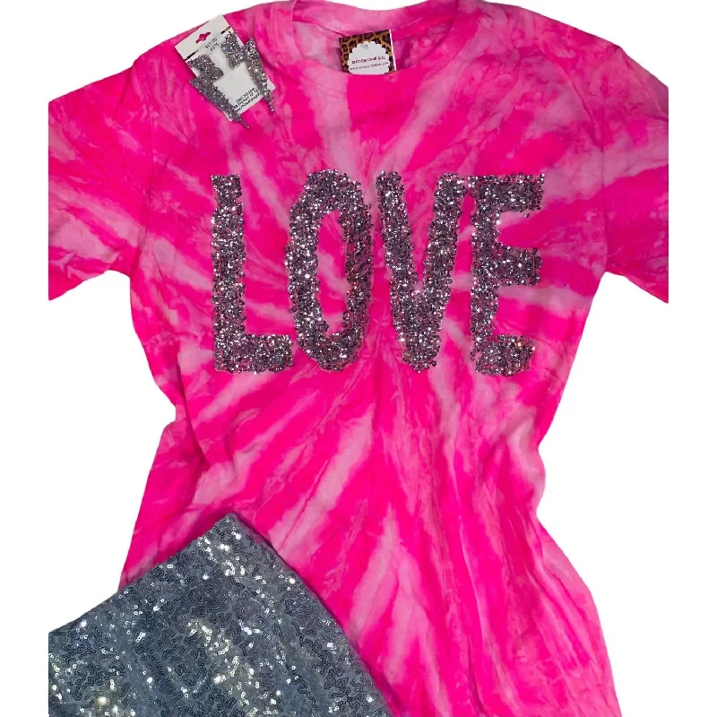 Women's Evening Outfit Women's Tie Dye Love Sequin Tee In Neon Pink