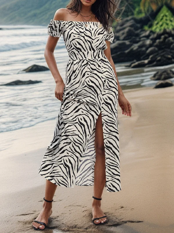 Women's Luxury Apparel Perfee Slit Animal Print Off-Shoulder Midi Dress