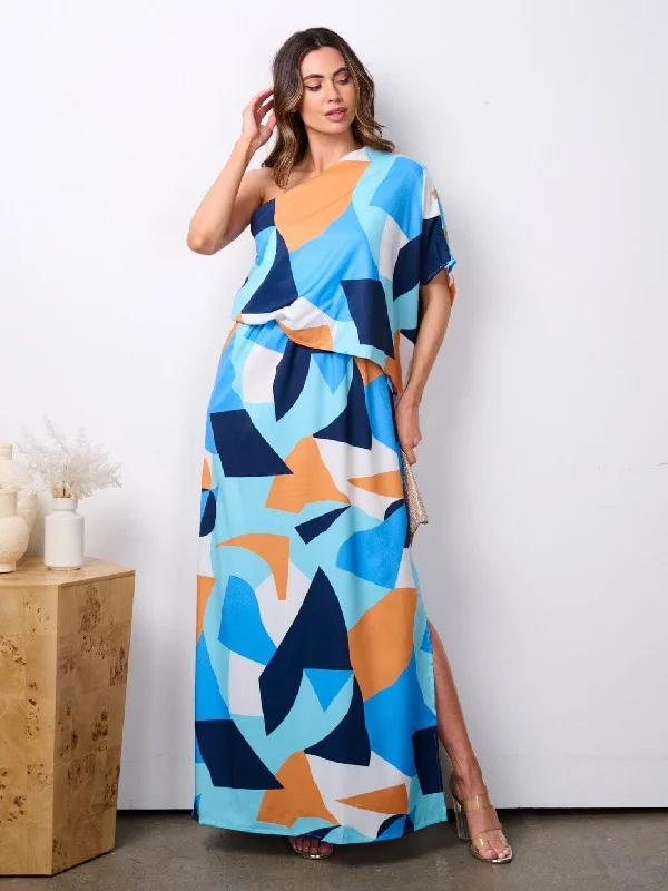 Women's Seasonal Clothes WOMEN'S ONE SHOULDER MULTI PRINT MAXI DRESS