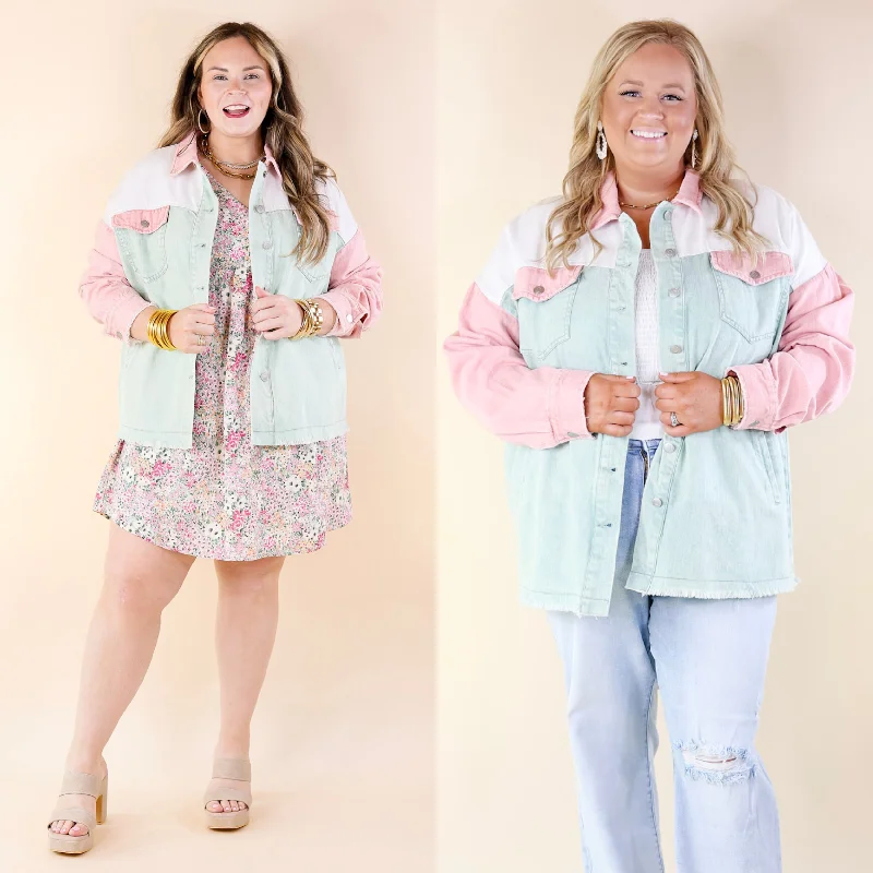 Timeless Women's Garments Style Mentor Color Block Button Up Jacket in Sage and Pink