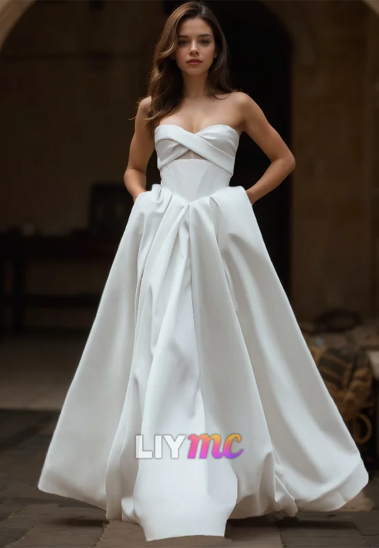 Women's Contemporary Apparel Sweetheart Sleeveless Pleated Sleek Satin A-Line Wedding Dress