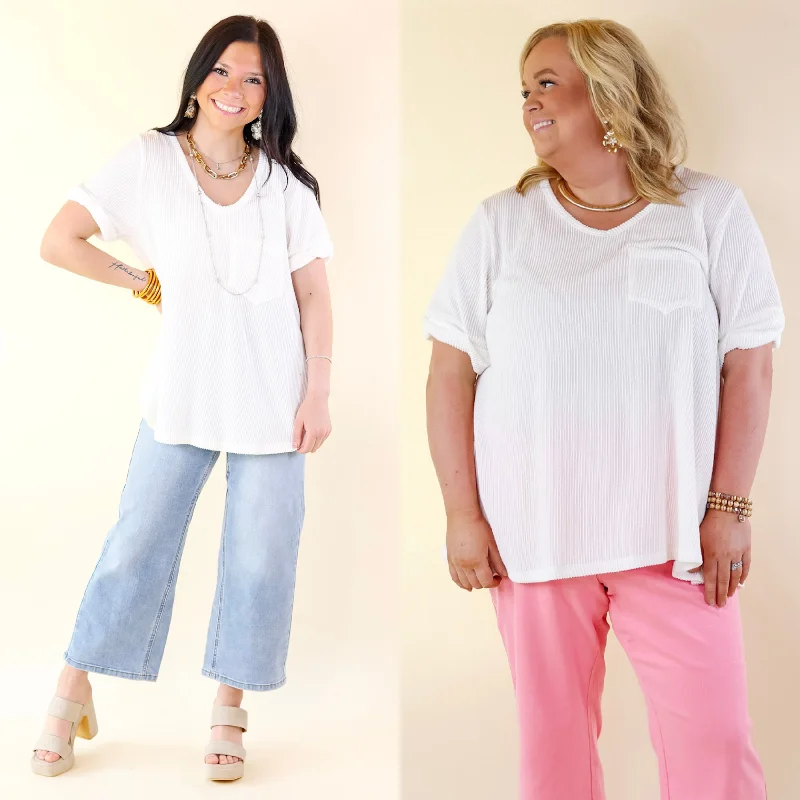 Women's Clothes For The Office Only True Love Ribbed Short Sleeve Top with Front Pocket in Off White