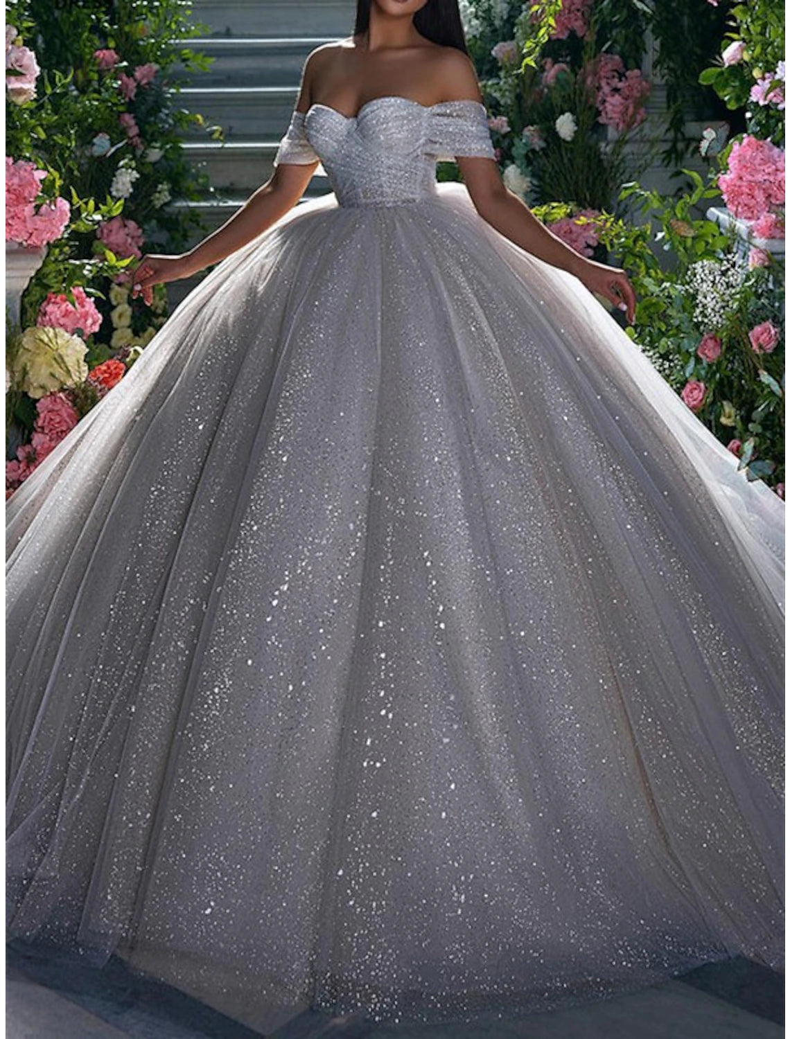 Women's Casual Garments Engagement Sparkle & Shine Formal Wedding Dresses Ball Gown Off Shoulder Cap Sleeve Chapel Train Sequined Bridal Gowns With Solid Color