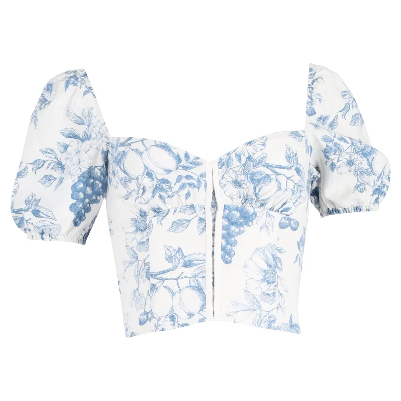 Vintage Clothing For Women Reformation Rome Floral Puffed Sleeve Crop Top in Blue Linen