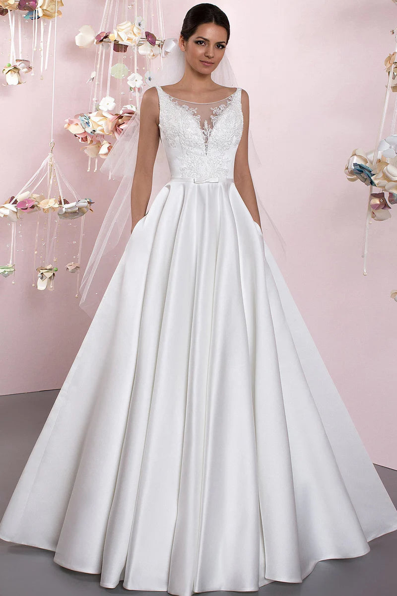 Women's Trendy Casual Clothes Lace Sleeveless Floor-Length Satin Wedding Dress With Deep-V Back And Pleats