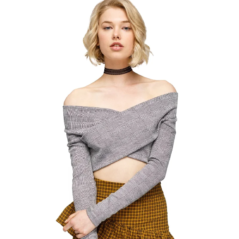 Fashionable Women's Clothes Glen Plaid Off Shoulder Crisscross Crop Top In Grey