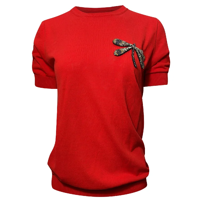 Women's Plus-Size Garments Rochas Dragonfly-Embellished Knitted T-Shirt in Red Cotton