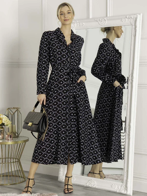 Charming Women's Clothes For Special Events Aneth Star Print Flared Midi Shirt Dress, Navy Star