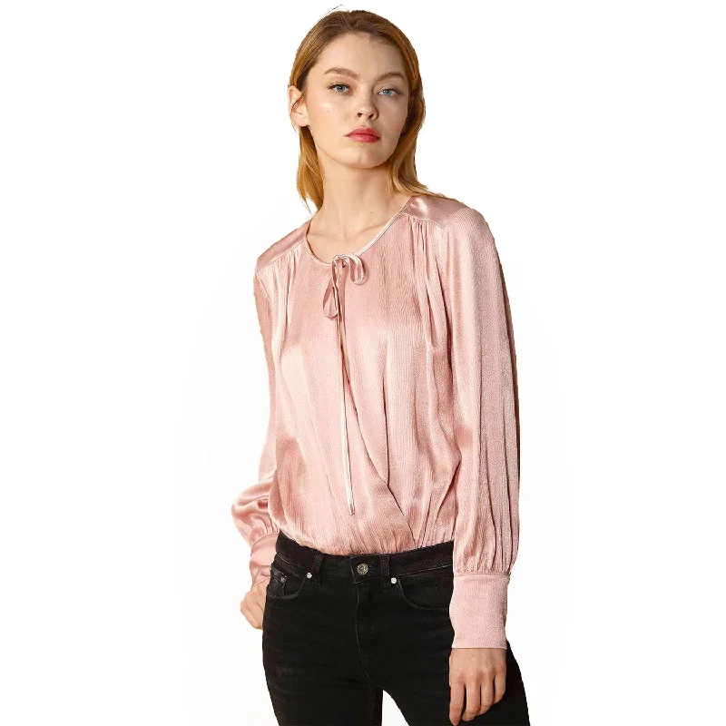 Affordable Women's Clothing Tie-Neck Long Sleeve Bodysuit in Fall Pink