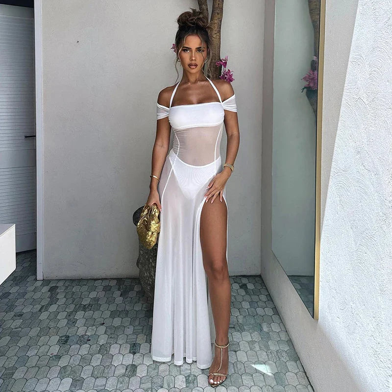 Chic Women's Attire Summer New Style Halter Neck Mesh See Through High Slit Party Beach Club Clothing Long Women's Maxi Dress