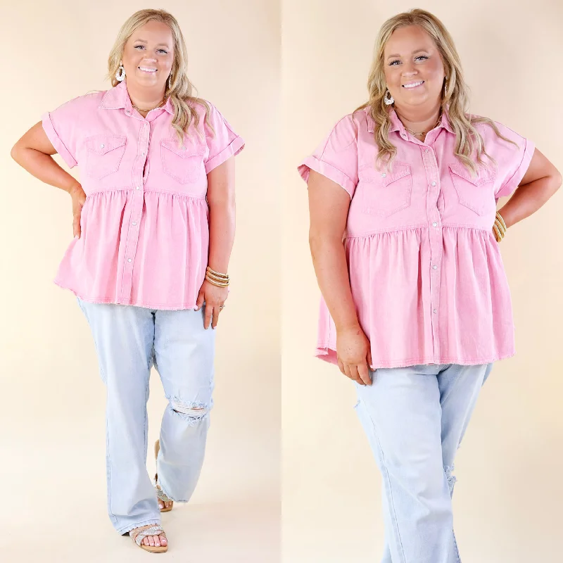 Fashionable Women's Clothing Forever and Ever Button Up Short Sleeve Denim Babydoll Top in Washed Pink