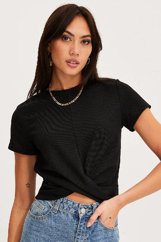 Trendy Athleisure Clothing For Women Black Twist Top Short Sleeve Crew Neck